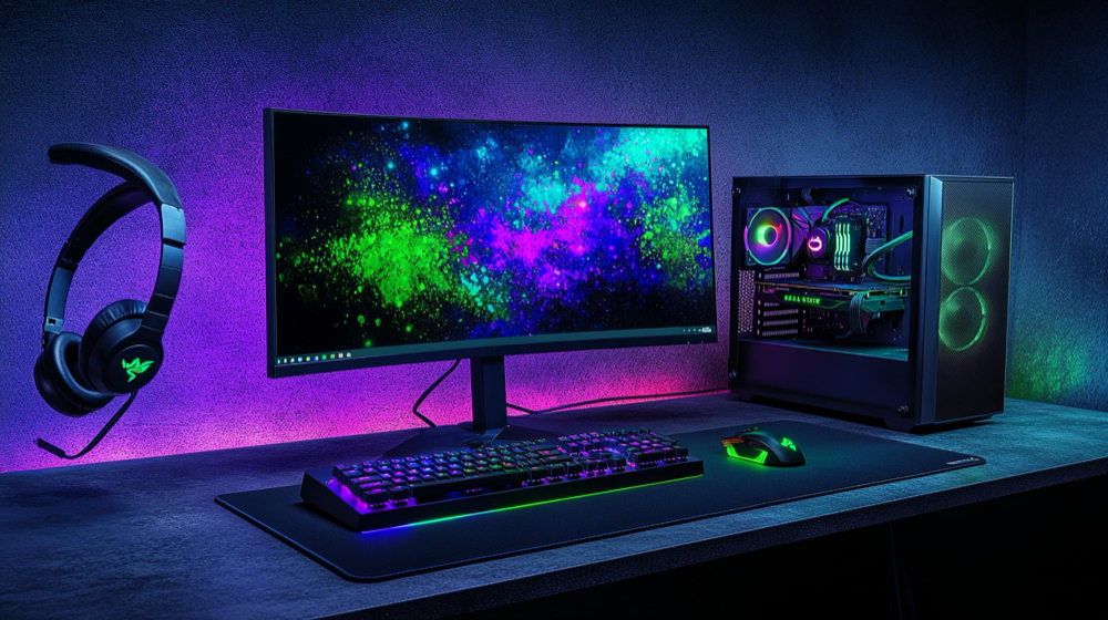 Modernes Computer-Setup mit Gaming-PC, Monitor und Tastatur 2025